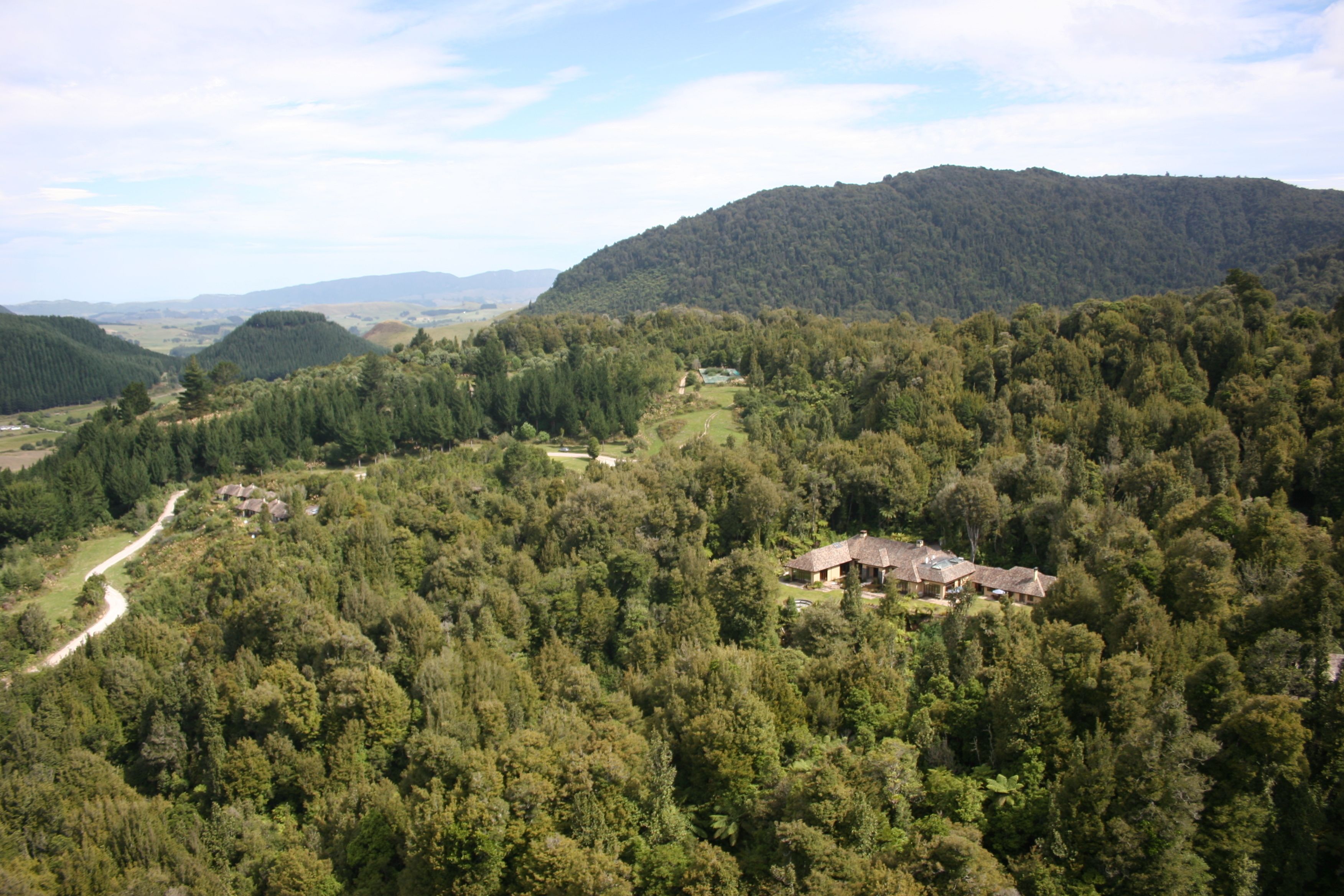A house surrounded by dense forest, with a clear path leading to it.