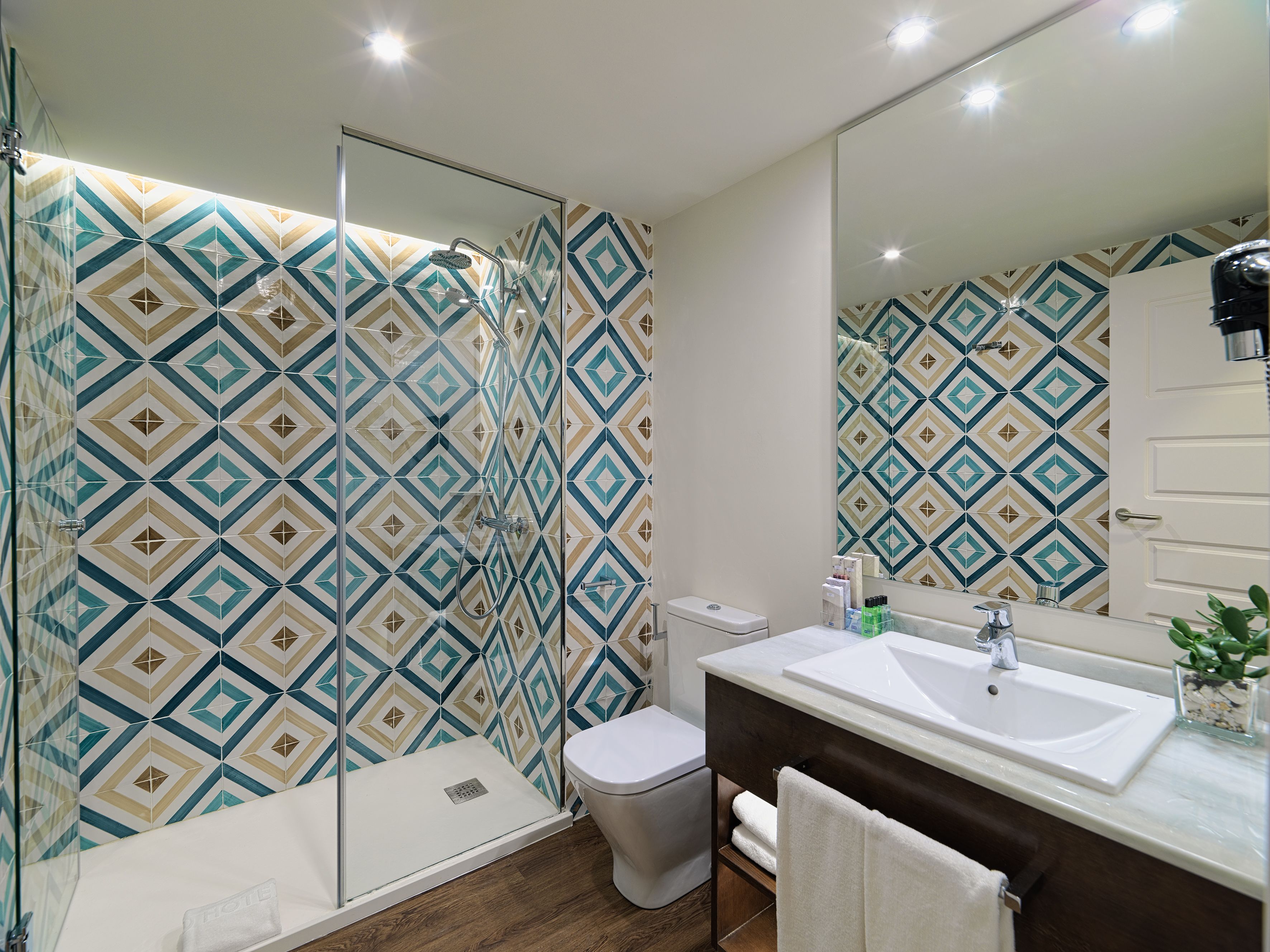 Une salle de bain équipée d’une douche, de toilettes, d’un lavabo et d’un miroir.