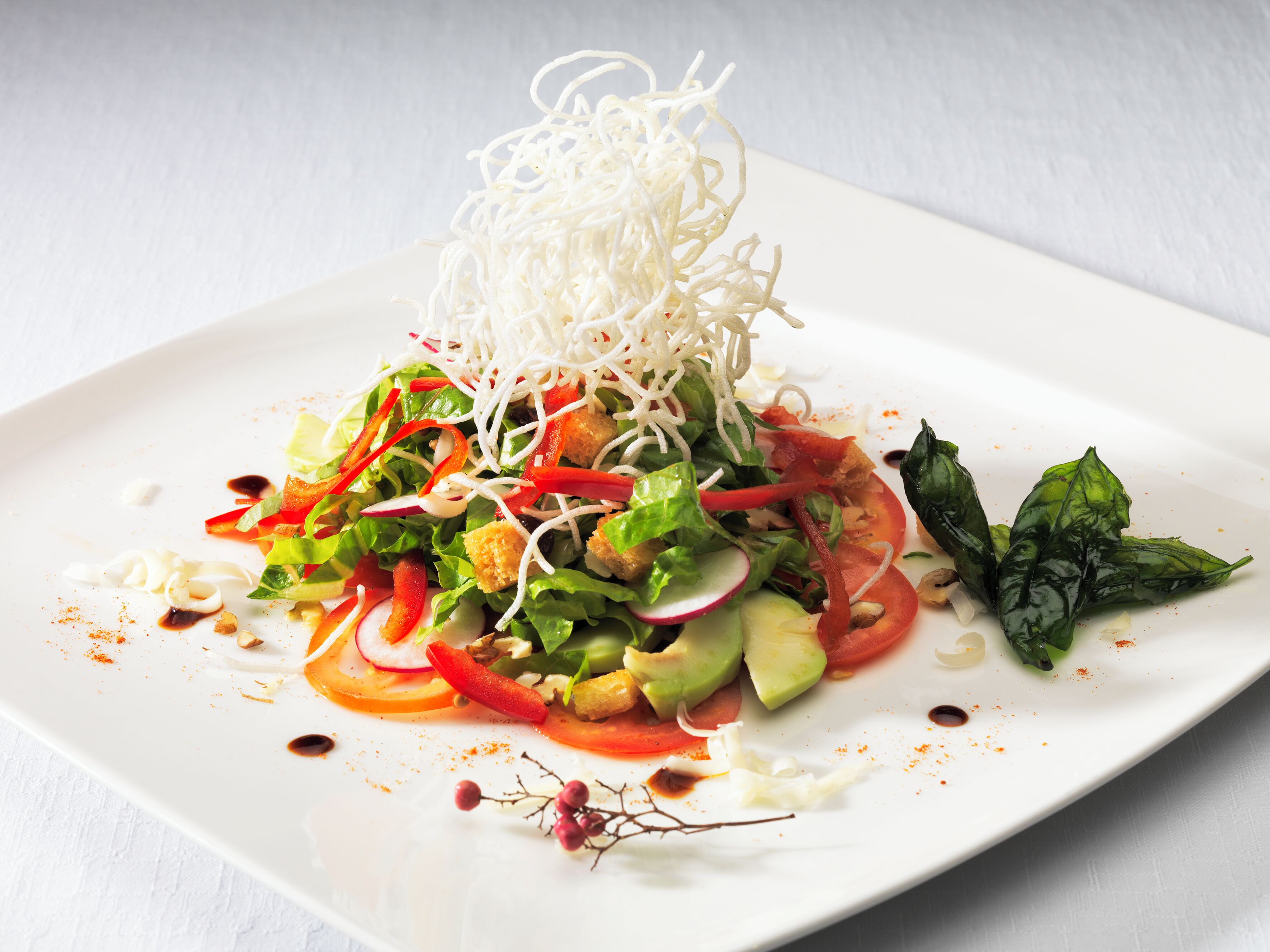 Um prato branco com salada de alface, tomates, rabanetes e brotos, guarnecido com folhas de manjericão.
