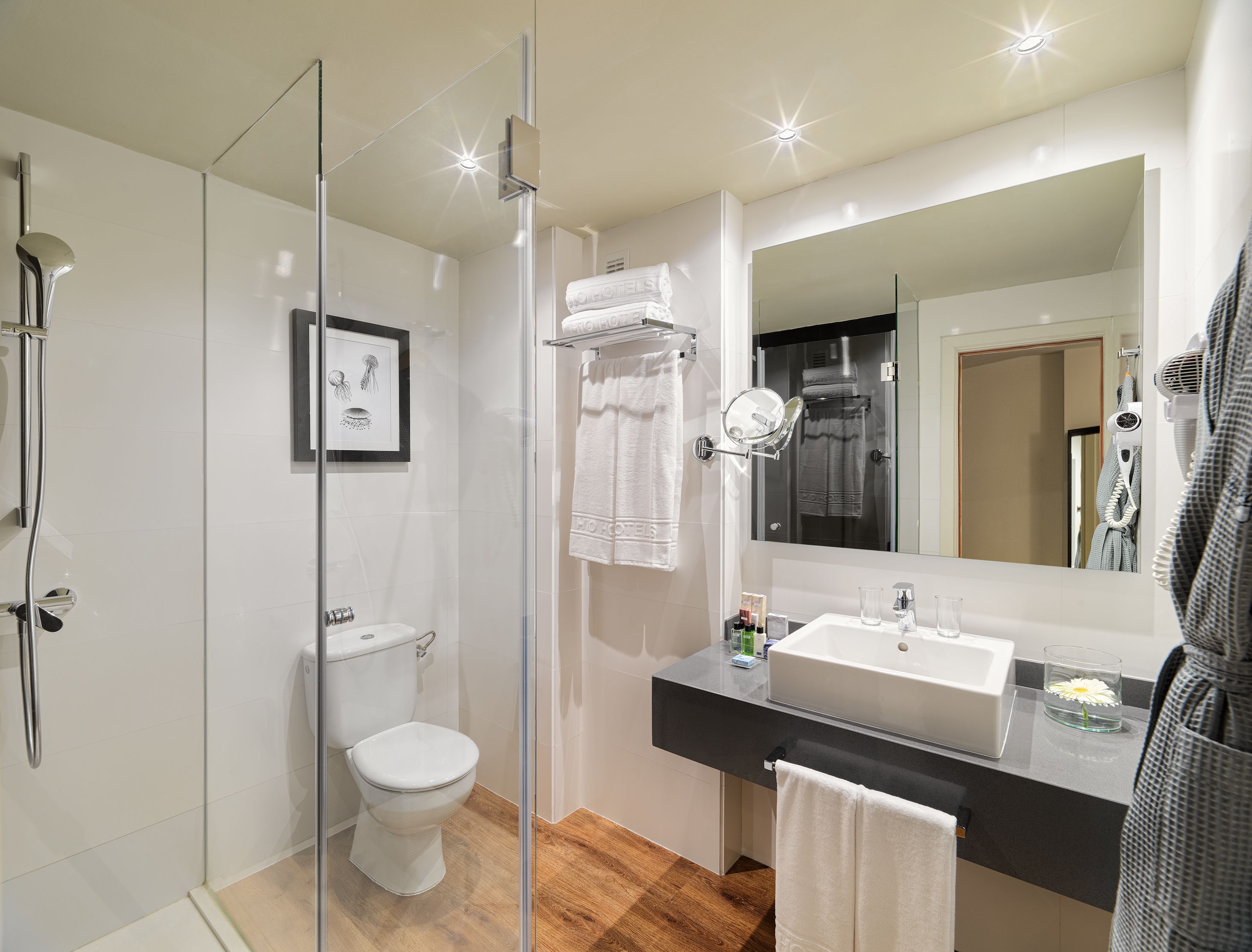 Une salle de bain moderne avec une douche à parois de verre, des toilettes, un lavabo et un miroir.