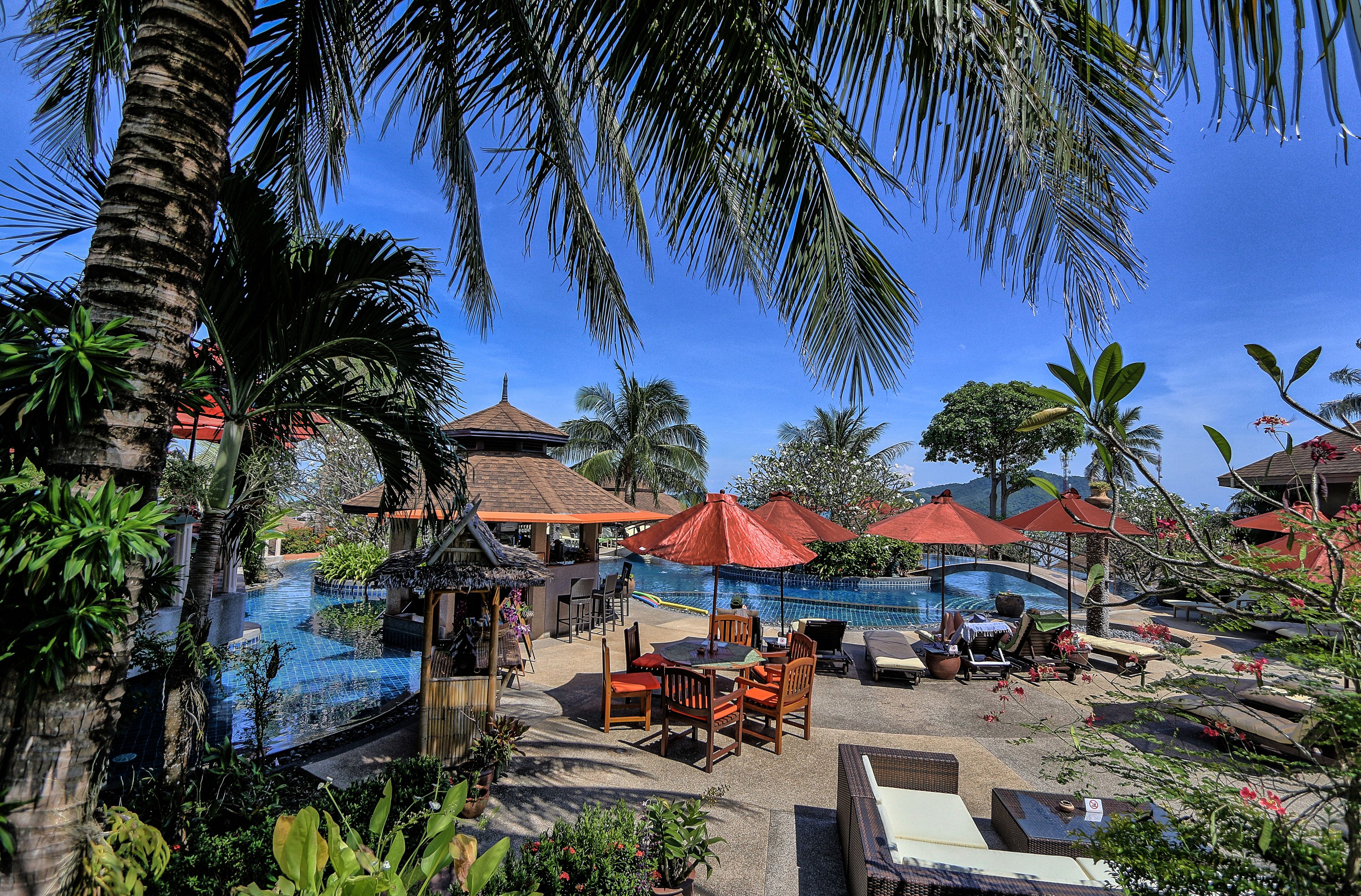 outdoor pool, pool umbrellas, pool loungers