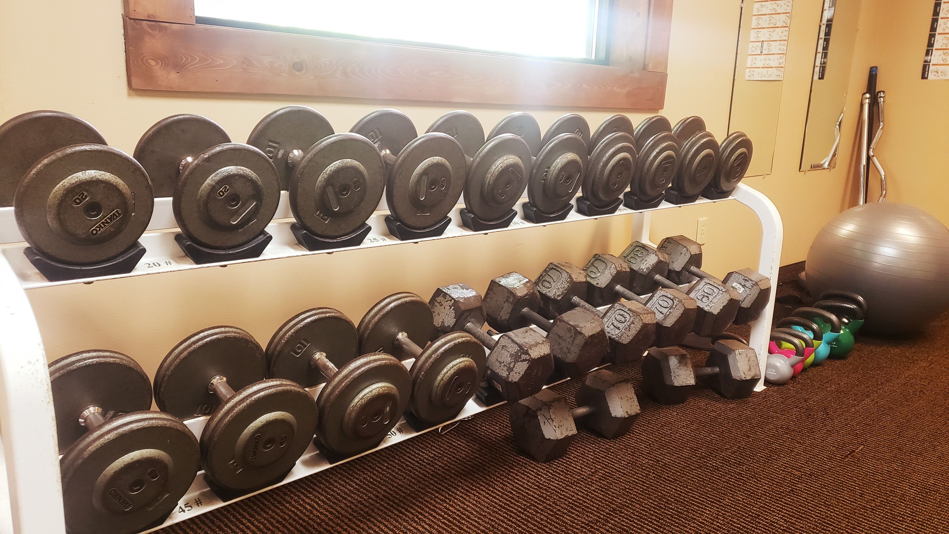 A rack of dumbbells in a gym setting.