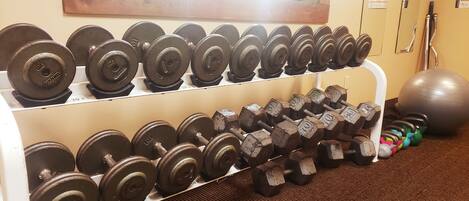 A rack of dumbbells in a gym setting.