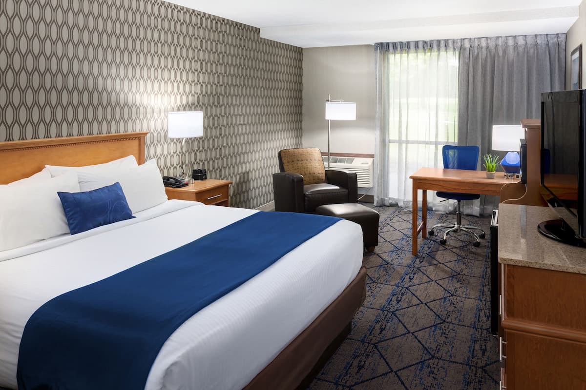 A hotel room with a large bed, a desk with a computer, a chair, and a TV.