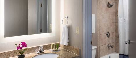 A bathroom with a granite countertop sink, a mirror, a toilet, and a shower area.