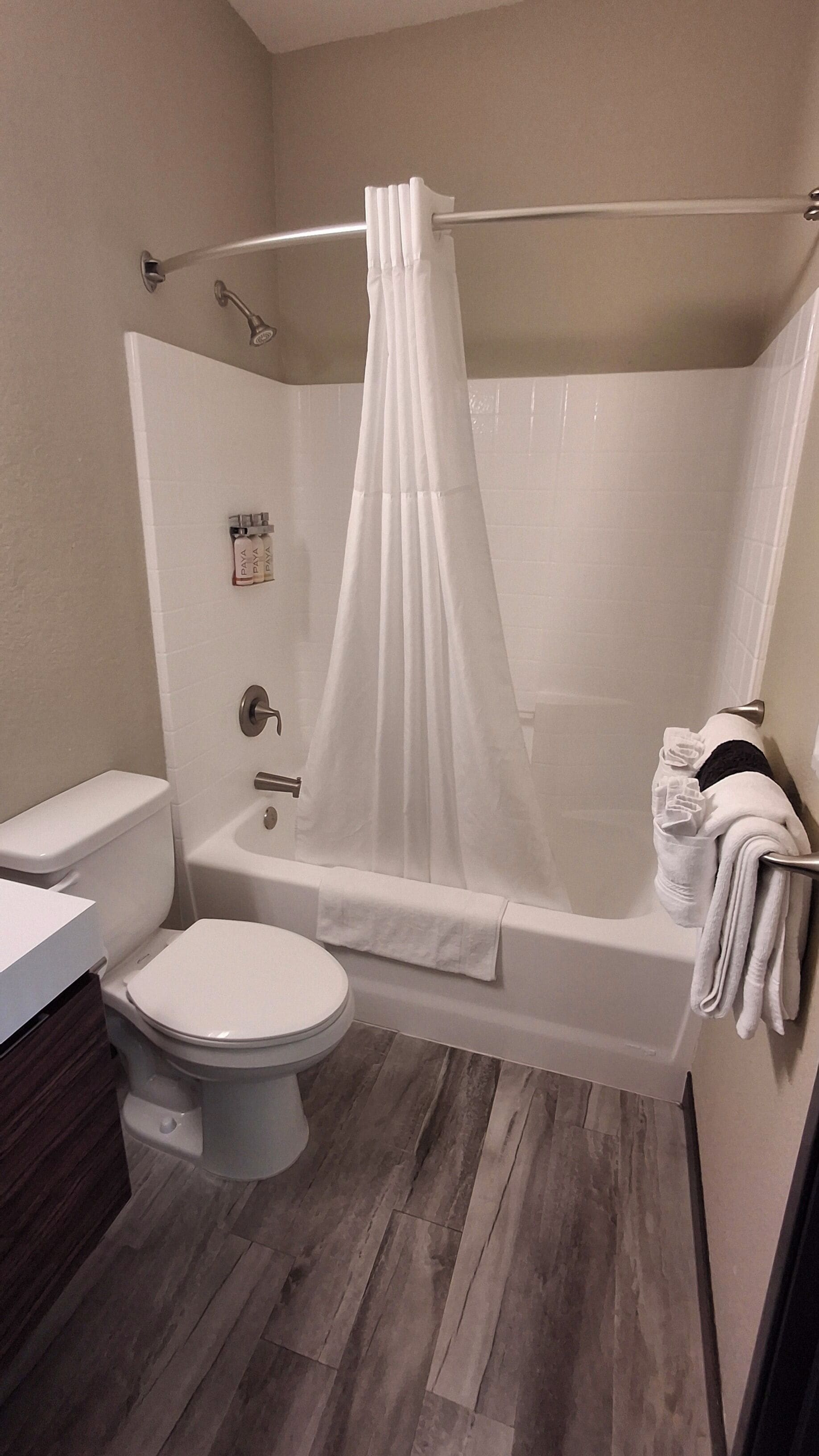 combined shower/bathtub, free toiletries, hair dryer, towels
