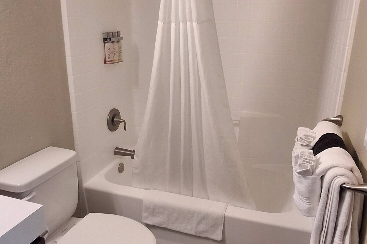 combined shower/bathtub, free toiletries, hair dryer, towels