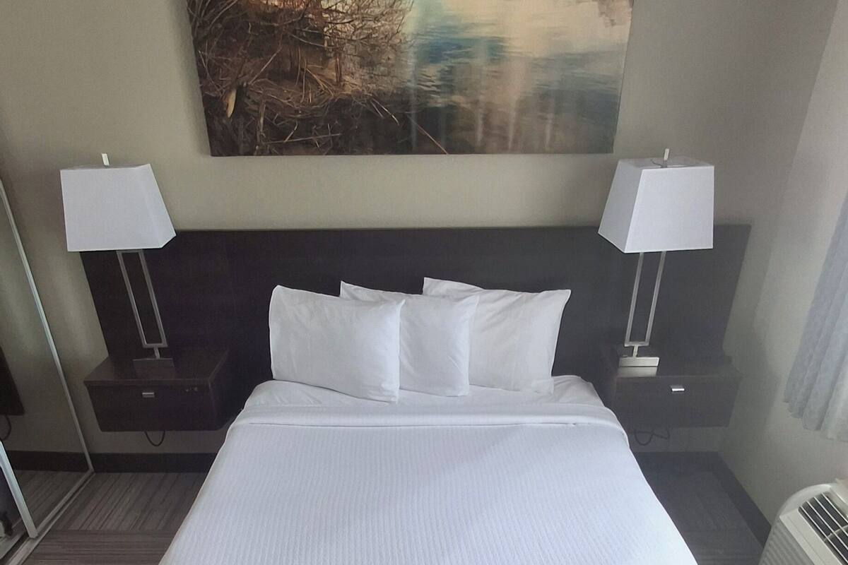 A hotel room with a large bed, two bedside tables with lamps, a large window with a view of a body of water, and a carpeted floor.
