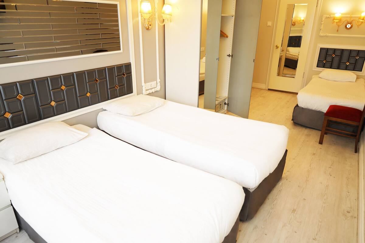 Una habitación de hotel con dos camas individuales, un espejo, un armario y una pequeña zona de estar.