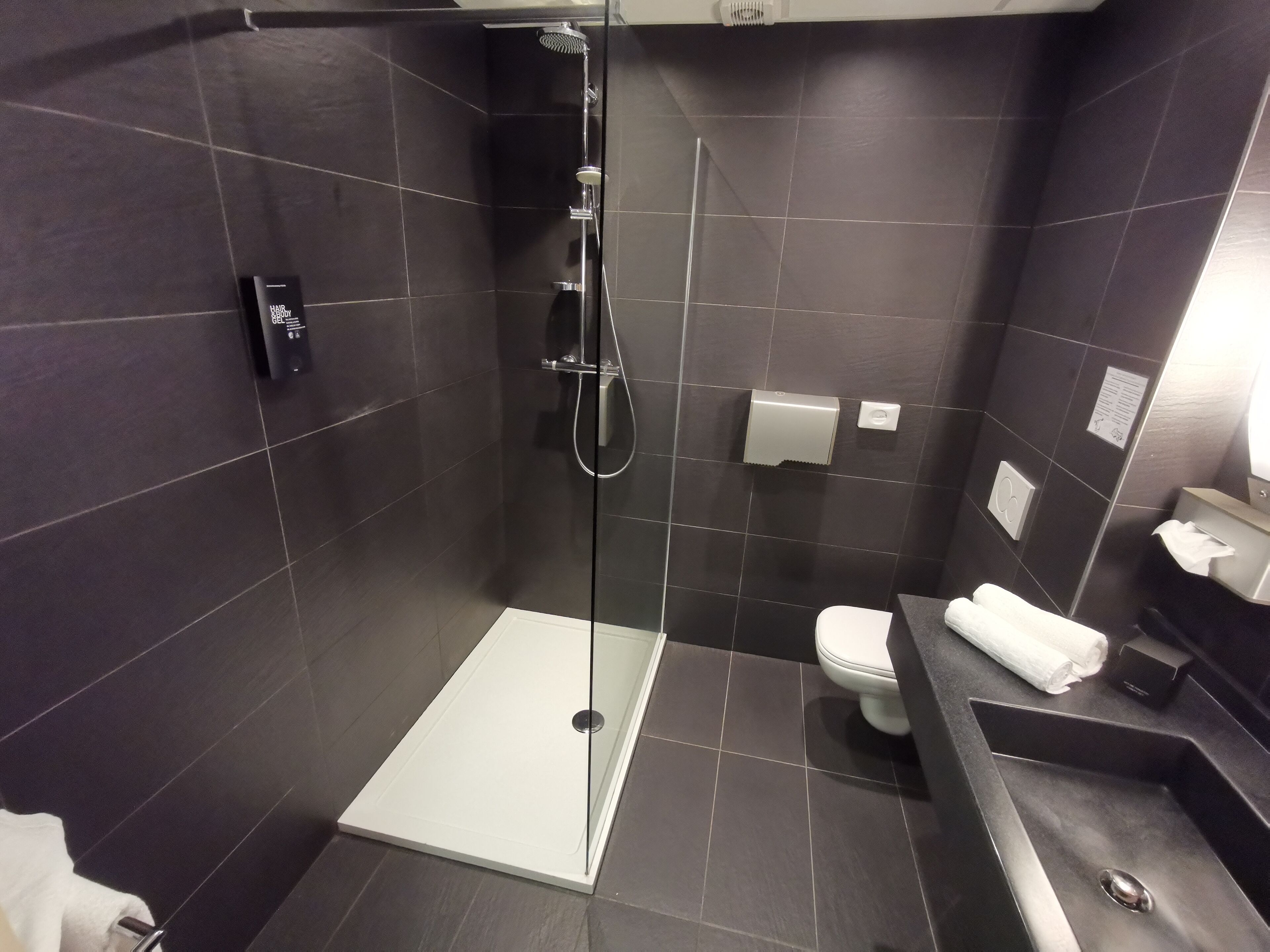 A modern bathroom with a glass shower enclosure, a white toilet, and a black sink with a countertop.