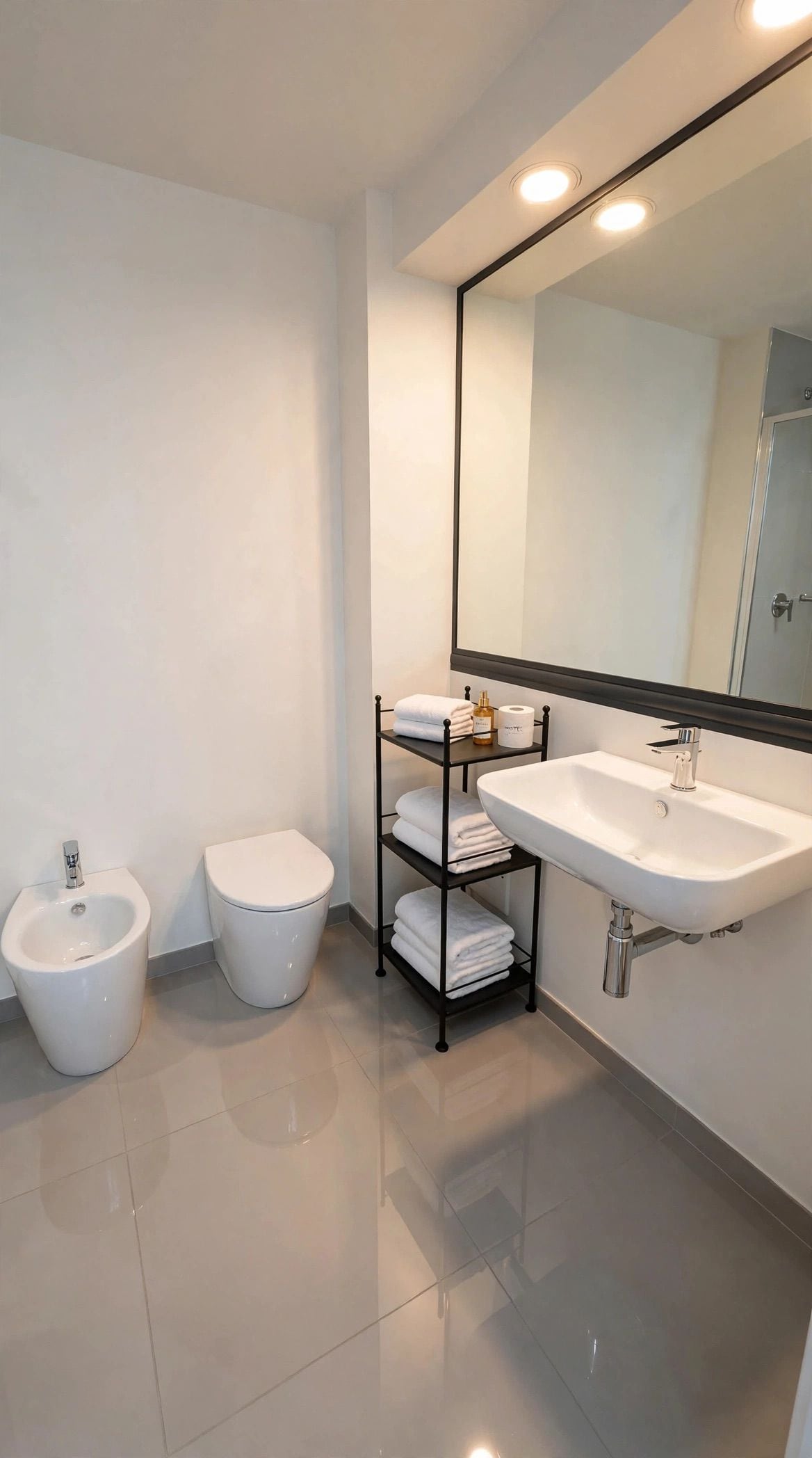Un baño moderno con un lavabo blanco, un bidé, un inodoro y un perchero con toallas dobladas.