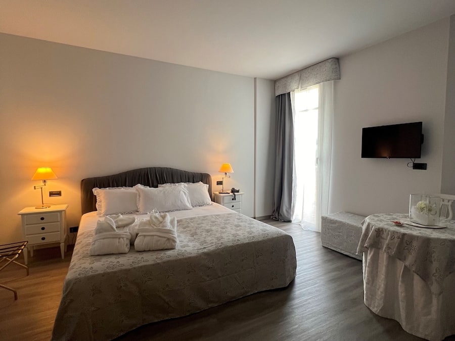 Quarto de hotel com uma cama grande, mesas de cabeceira, televisão e uma pequena mesa com um vaso.