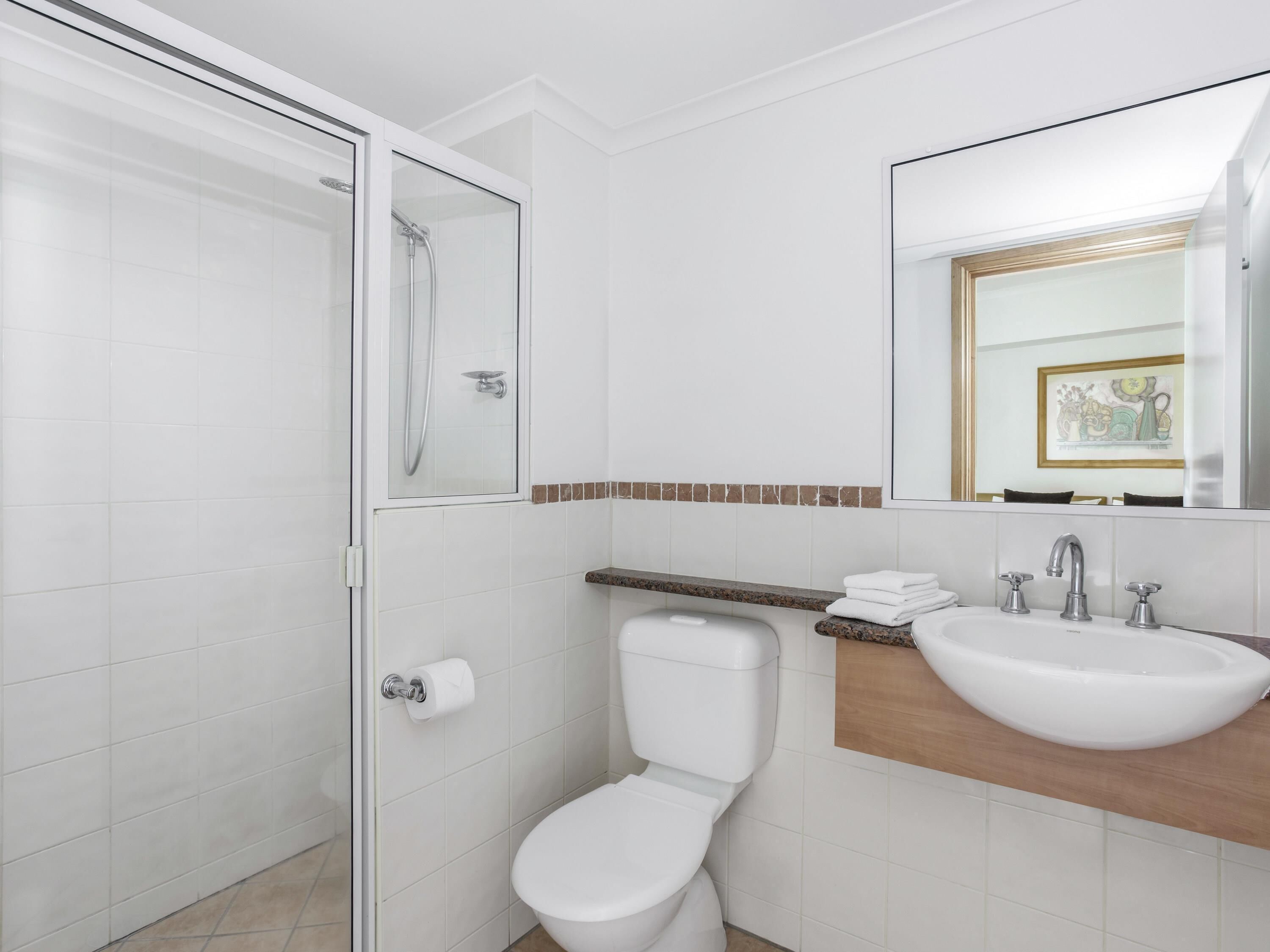 A bathroom with a glass shower enclosure, a toilet, a sink with a mirror, and a towel rack.