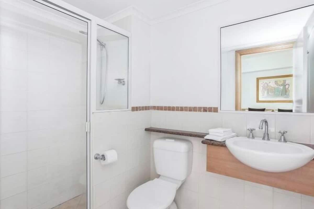 Combined shower/tub, free toiletries, hair dryer, towels