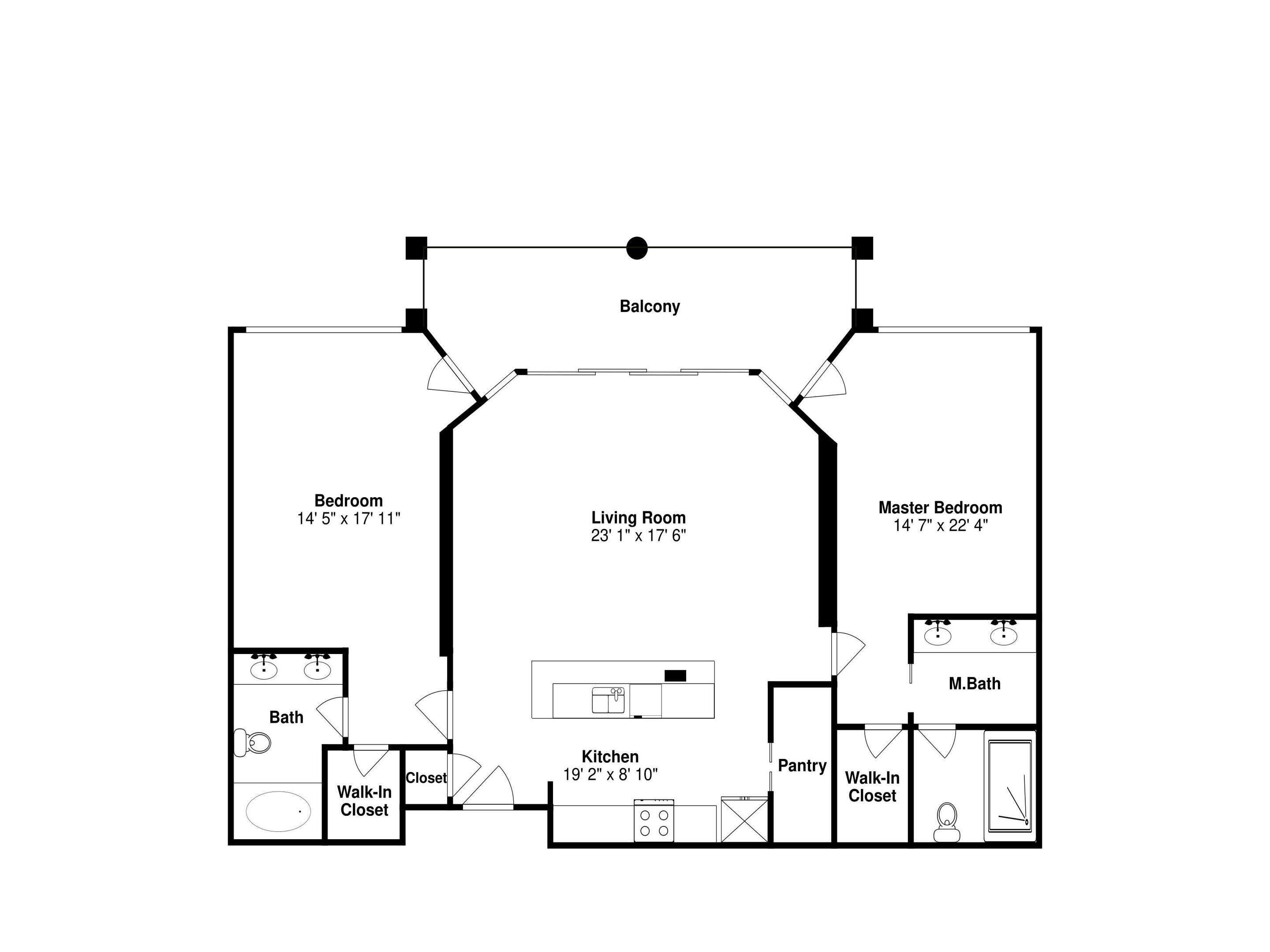 A floor plan of a house with a bedroom, living room, master bedroom, bathroom, kitchen, and walk-in closets.