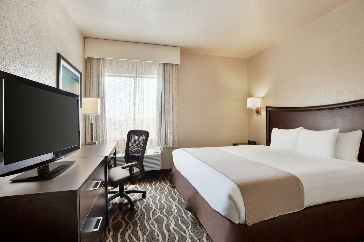 Habitación de hotel con cama, escritorio con televisor, silla, ventana con cortinas y lámpara.