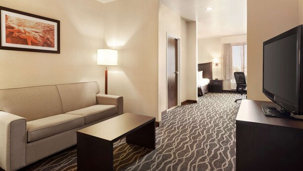 Habitación de hotel con sofá, una mesa de centro, televisión y alfombra estampada.