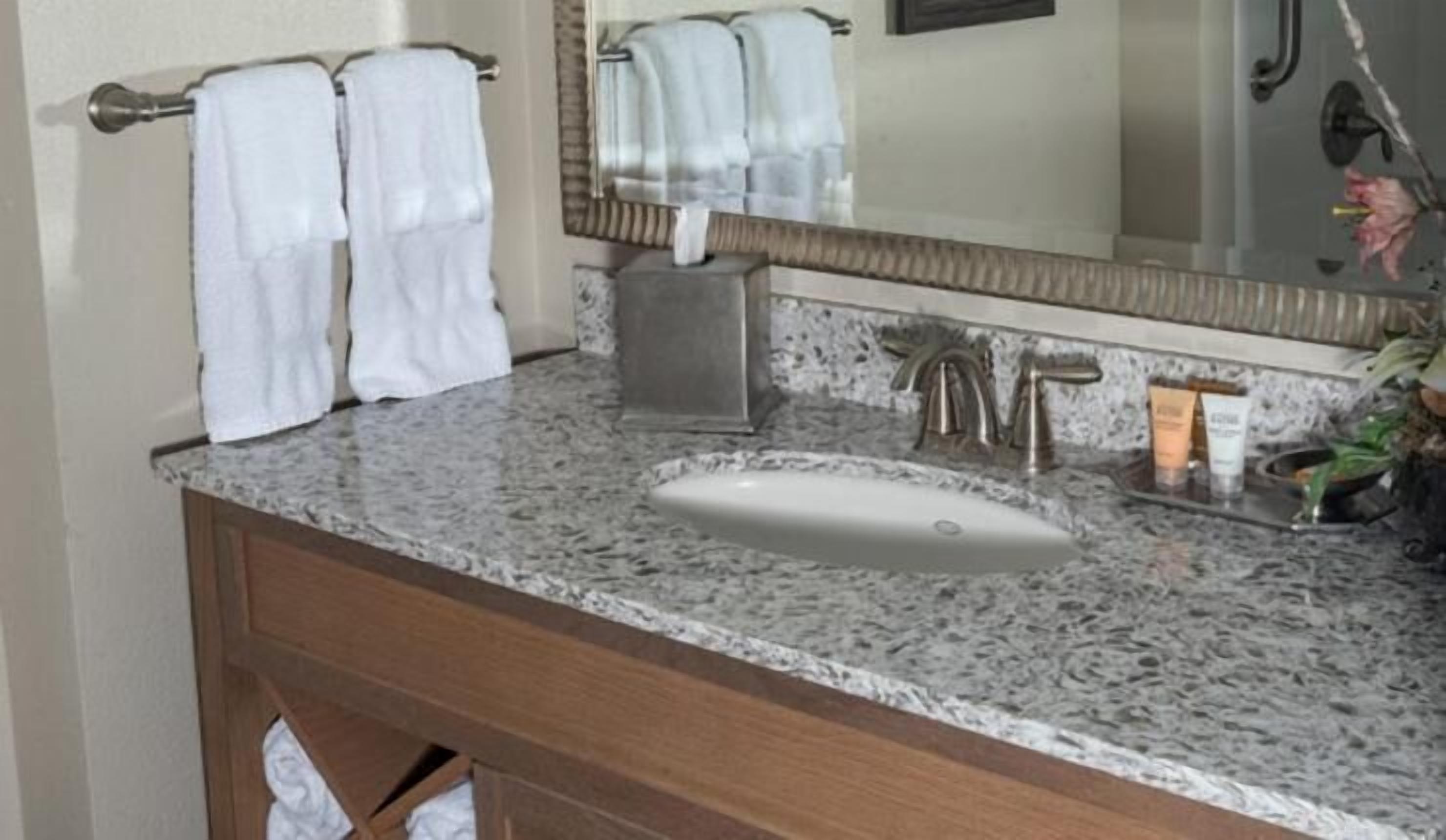 combined shower/bathtub, designer toiletries, hair dryer, towels