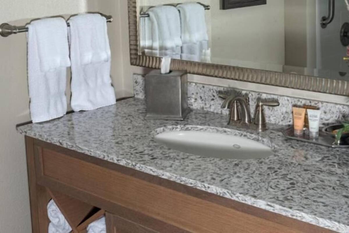 combined shower/bathtub, designer toiletries, hair dryer, towels