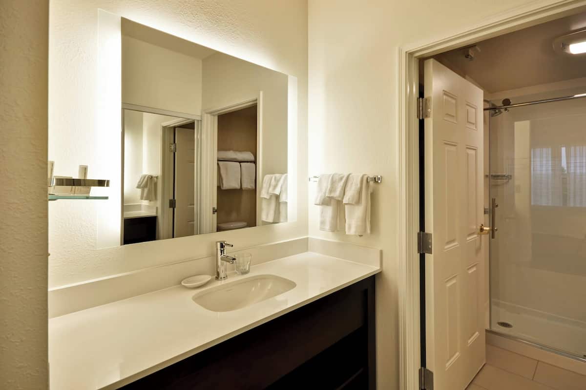 combined shower/bathtub, free toiletries, hair dryer, towels