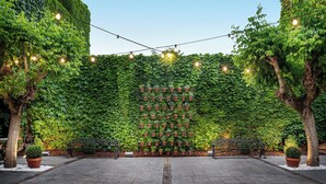 An outdoor seating area with a wall of greenery, string lights, and potted plants. - AC Hotel Ciudad de Tudela by Marriott (Tudela)