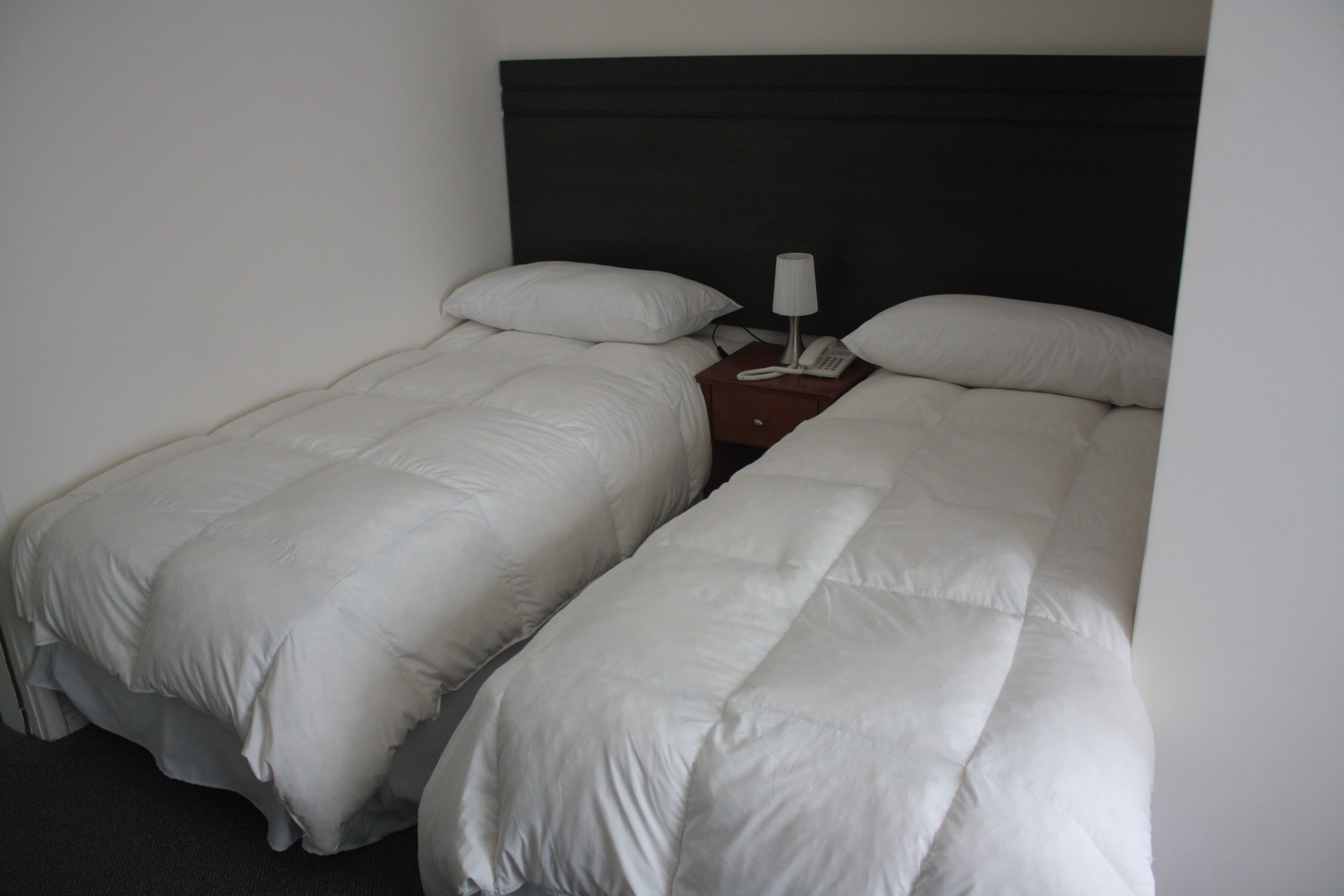 Habitación de hotel con dos camas individuales, una mesita de noche con lámpara y teléfono.