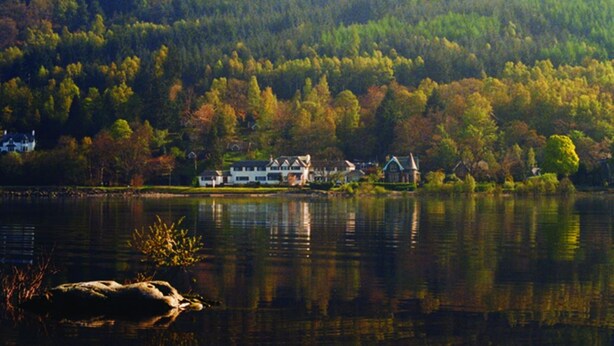 Una propiedad junto al lago con varias edificaciones, incluyendo una casa grande y construcciones más pequeñas, rodeada de un bosque denso y una montaña al fondo.