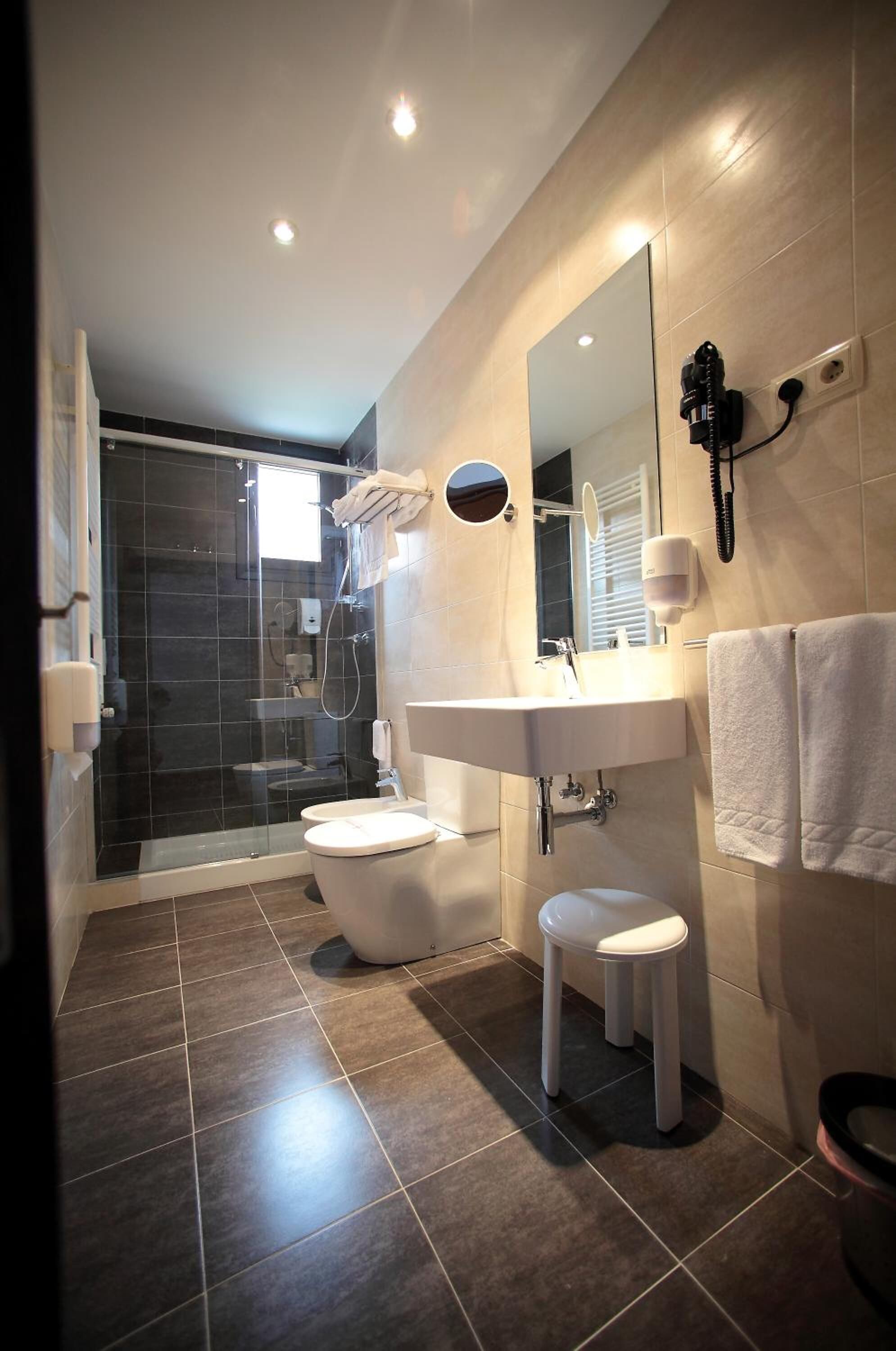 free toiletries, hair dryer, bidet, towels