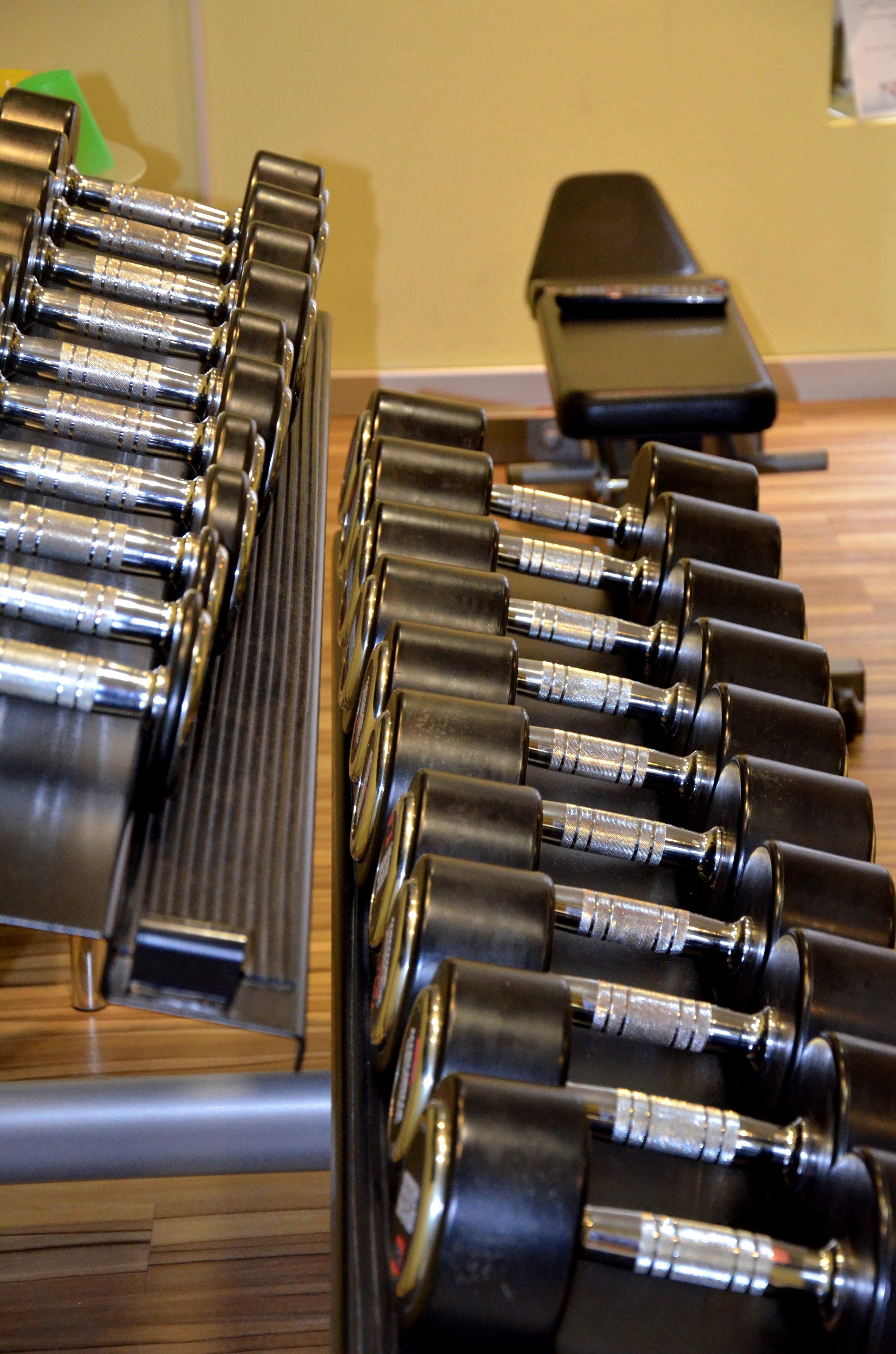 A row of dumbbells on a wooden floor with a bench in the background.