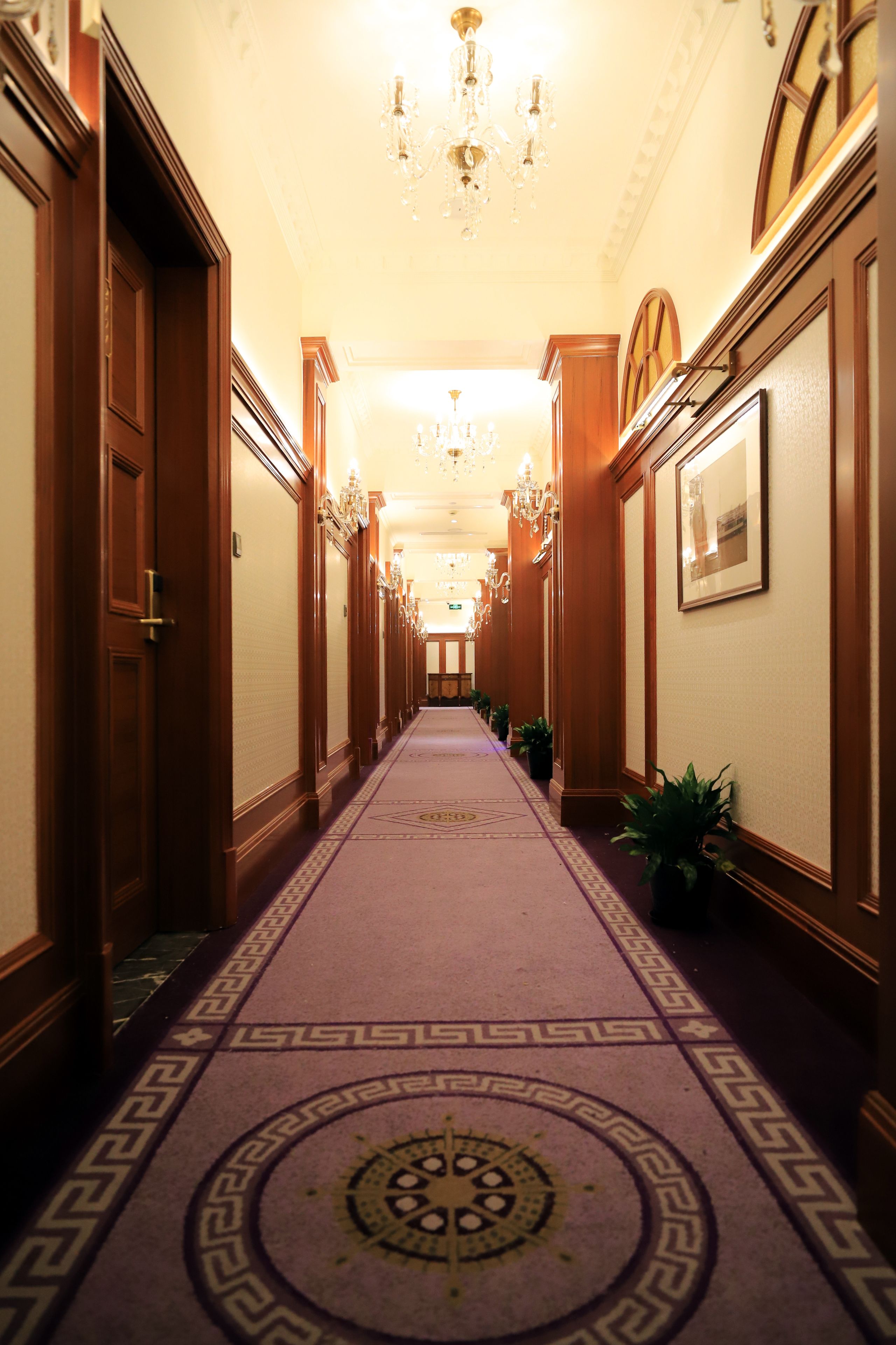 A long, narrow hallway with wooden doors on both sides, a patterned carpet, and a chandelier on the ceiling.