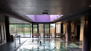 Une piscine intérieure à l’eau claire, dotée de bancs et offrant une vue sur la verdure environnante.