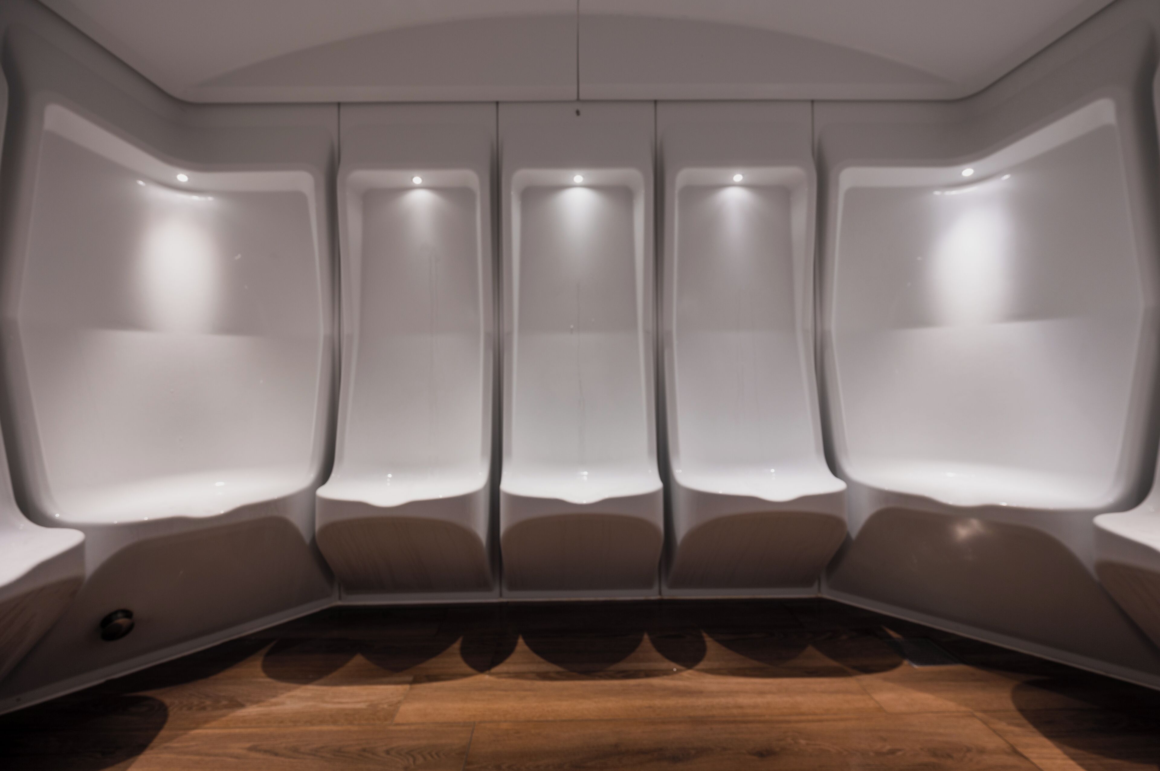 Una habitación moderna y minimalista con techo curvo y varios espacios de descanso iluminados.