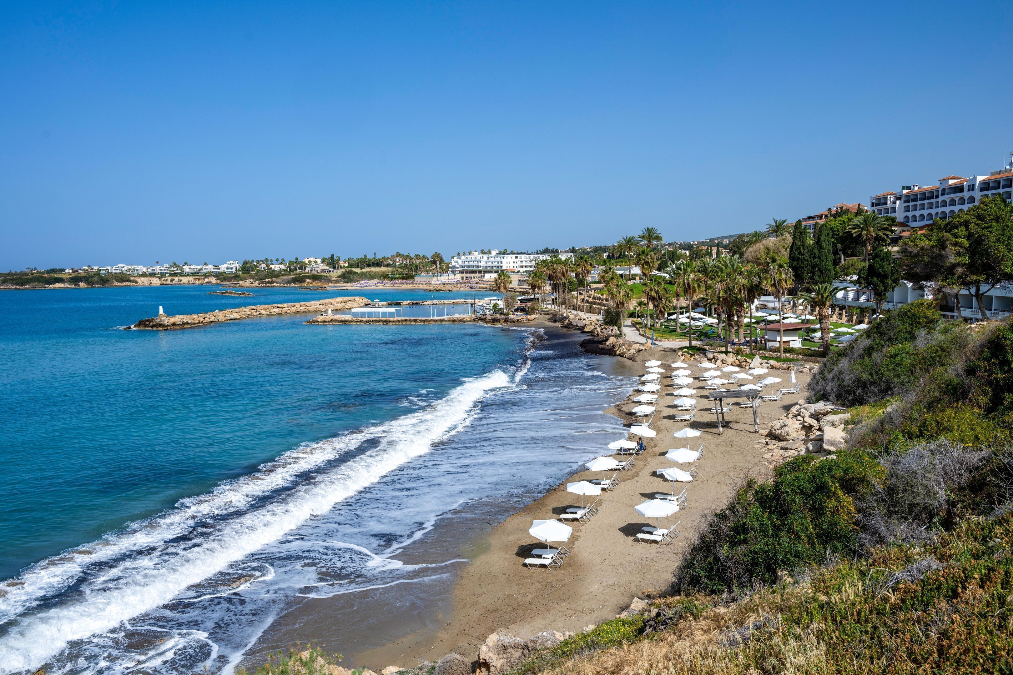 Un hotel frente al mar con habitaciones junto a la playa, un litoral rocoso y palmeras.