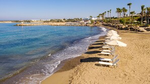 A beach with white lounge chairs and umbrellas, a rocky shoreline, and palm trees. - Coral Beach Hotel and Resort (Pegeia)