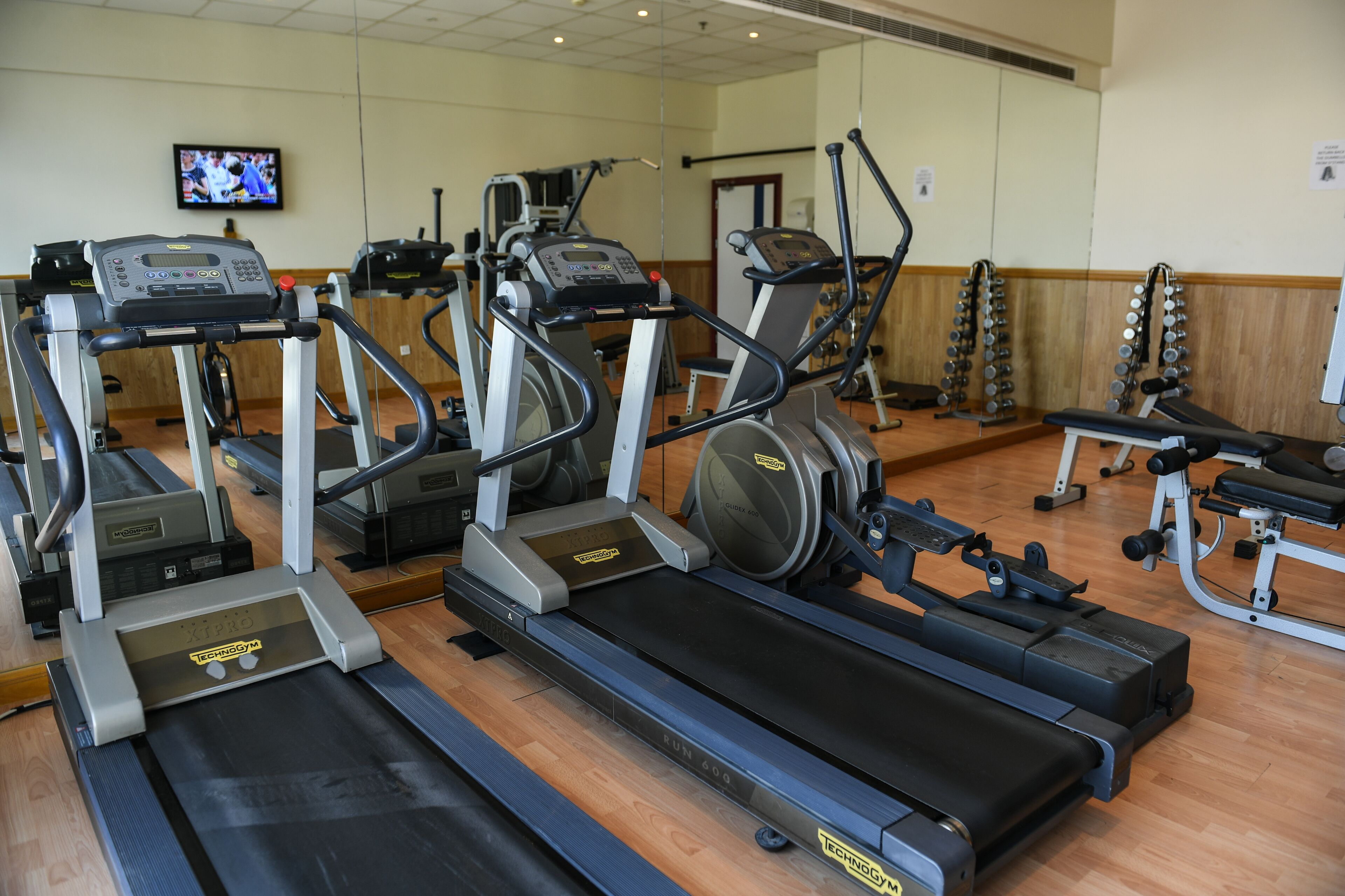 A gym with treadmills, ellipticals, and weight machines.