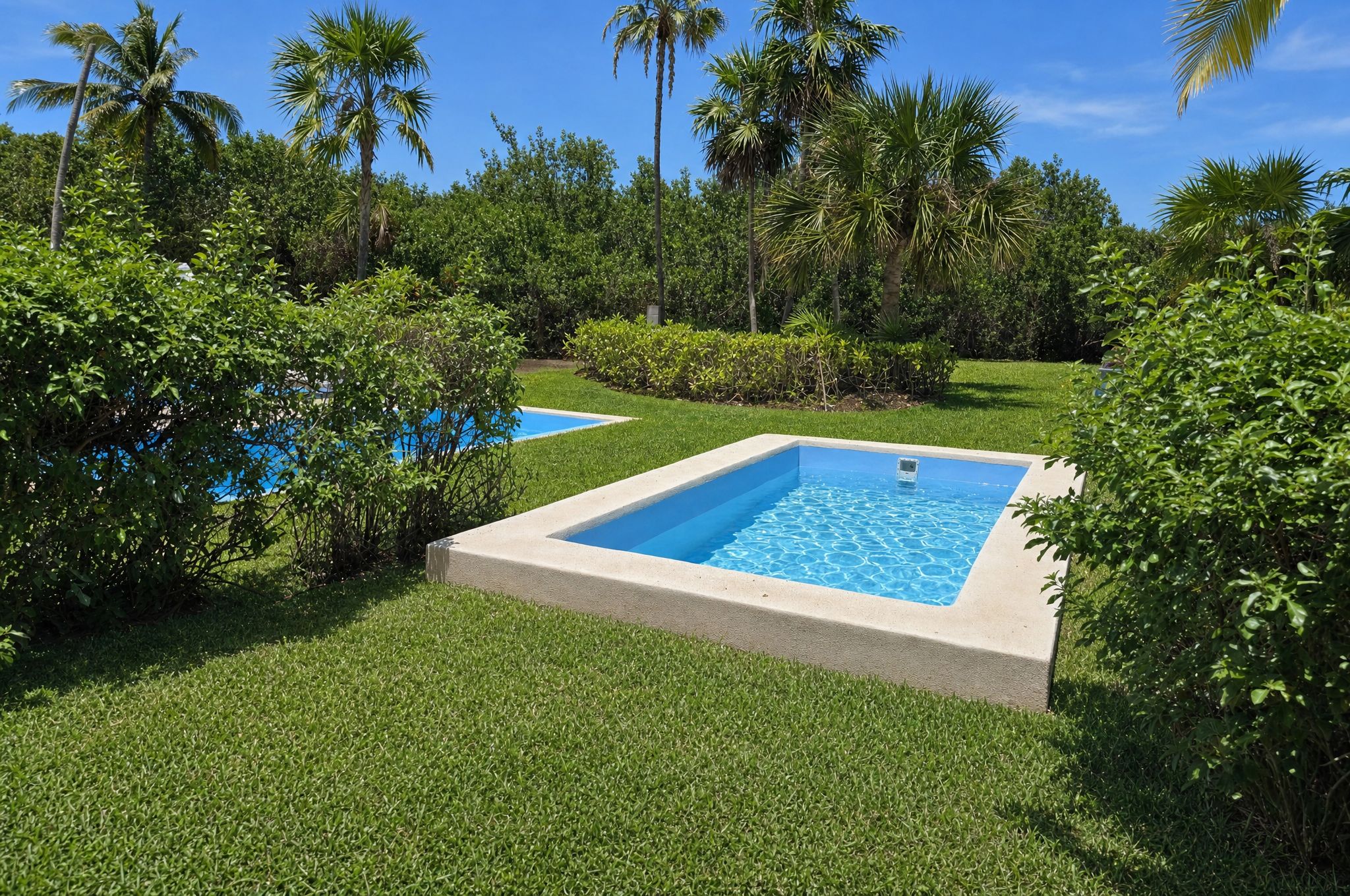 A rectangular swimming pool surrounded by well-maintained grass and tropical vegetation.