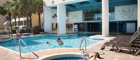 Indoor pool, outdoor pool, sun loungers