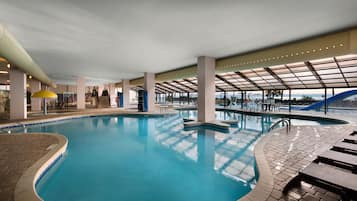 Indoor pool, outdoor pool, sun loungers