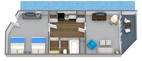 A 3D floor plan of a hotel room with a sea view, a kitchenette, a bathroom, and a seating area.