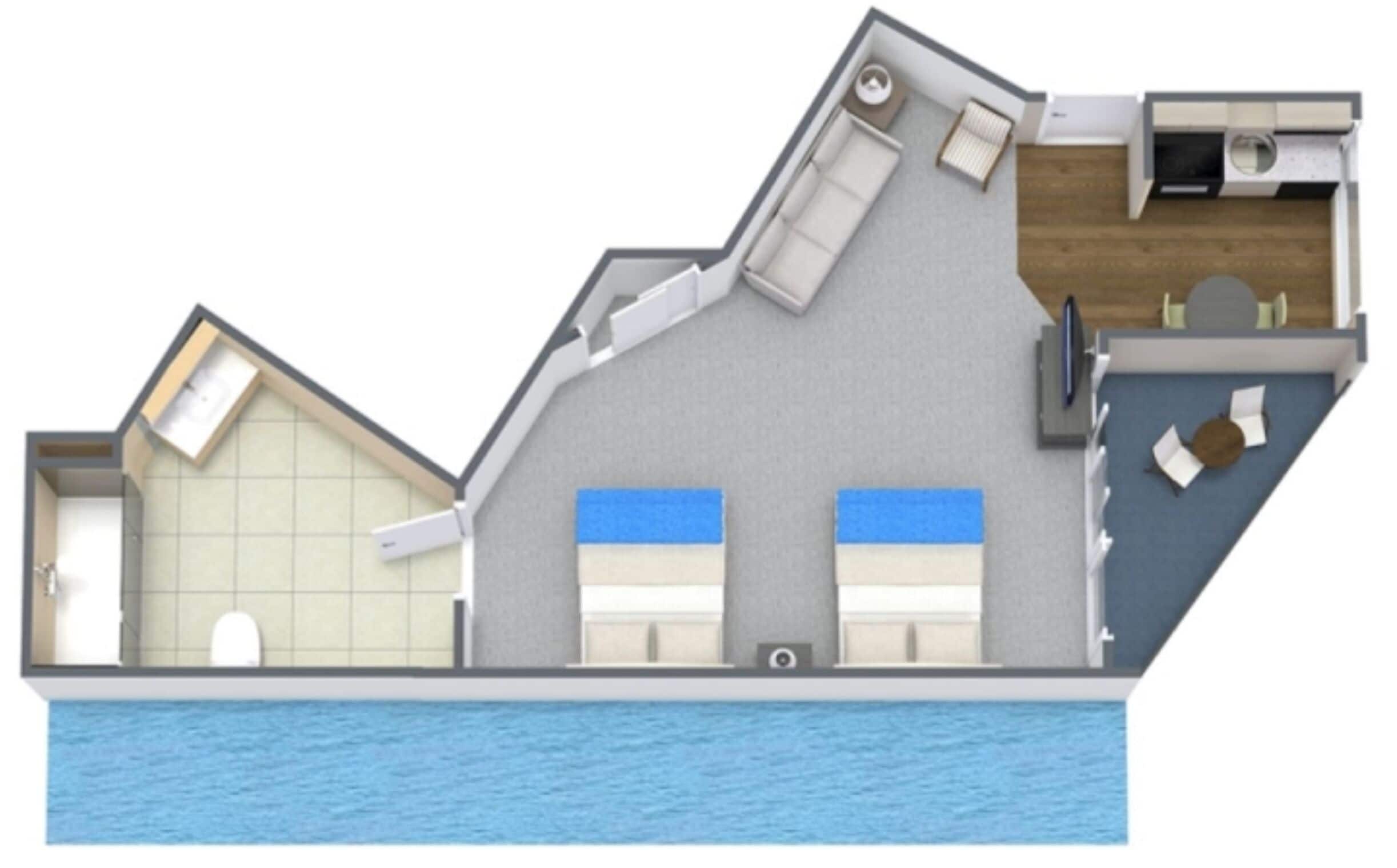 A boat-shaped hotel interior with a bathroom, two bedrooms, a dining area, and a small kitchen.