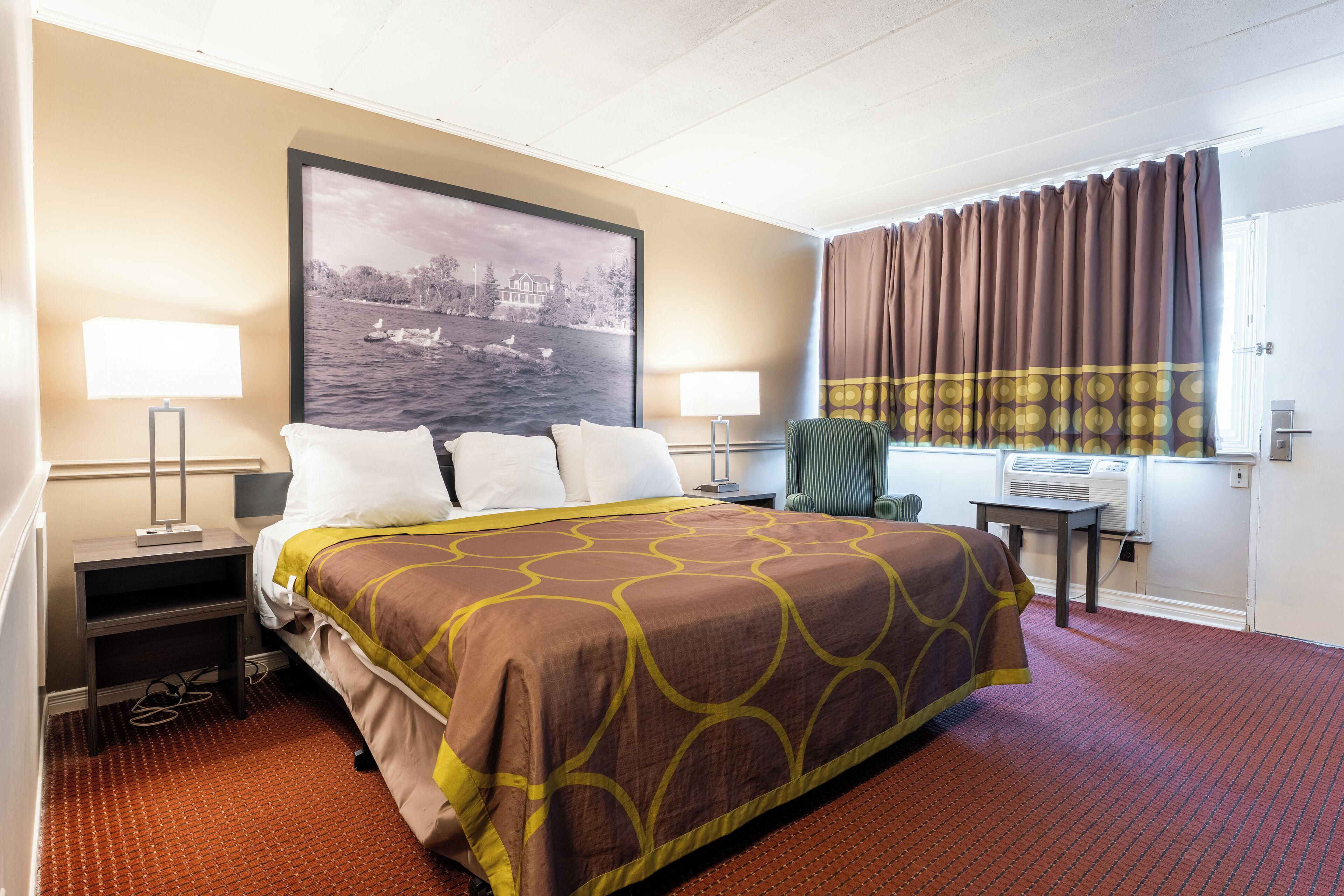 Desk, laptop workspace, blackout drapes, iron/ironing board