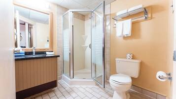 Een moderne badkamer met een douchecabine van glas, een toilet en een wastafel met spiegel.