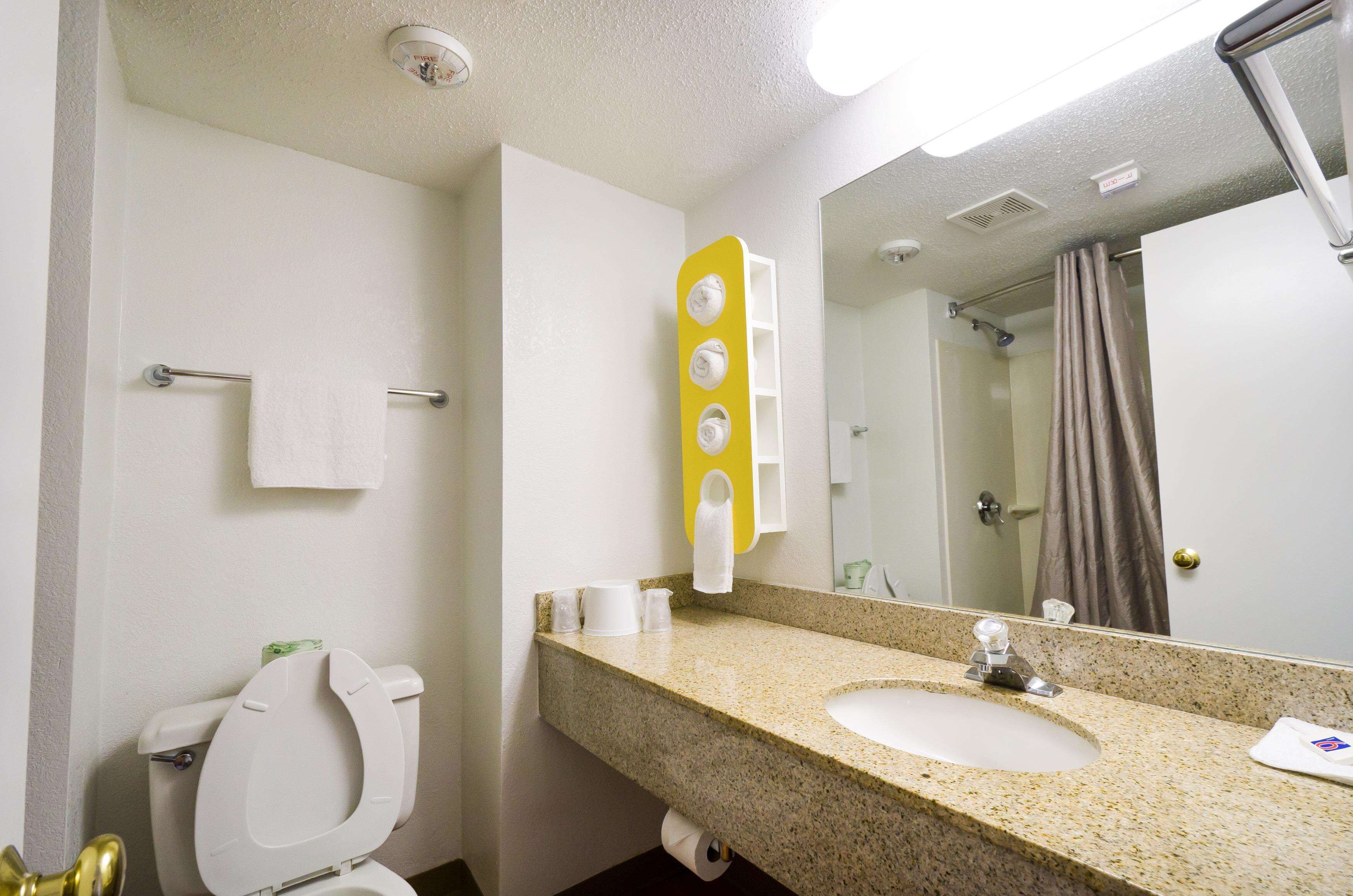 A bathroom with a white toilet, a sink, a mirror, and a shower.