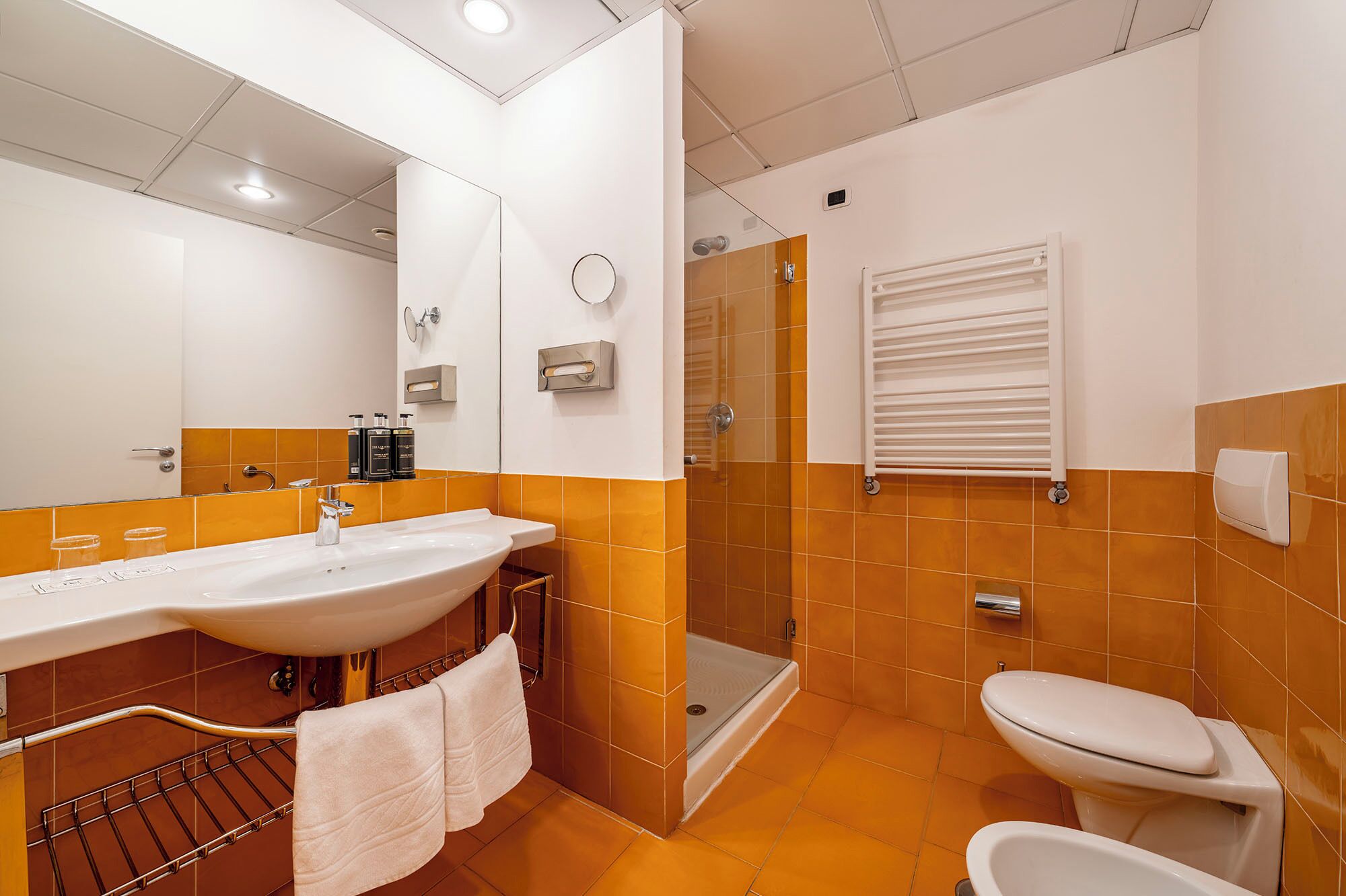 A bathroom with a white sink, a toilet, and a shower area.