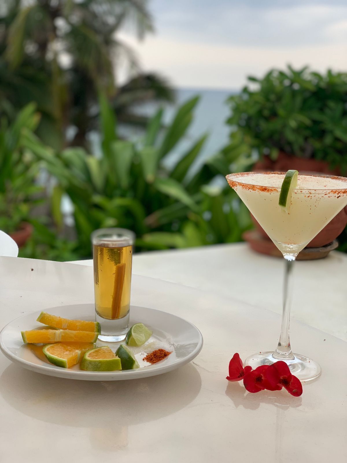 Un tavolo con un bicchiere di martini, un bicchierino, e un piatto con fettine di lime e fiori rossi.