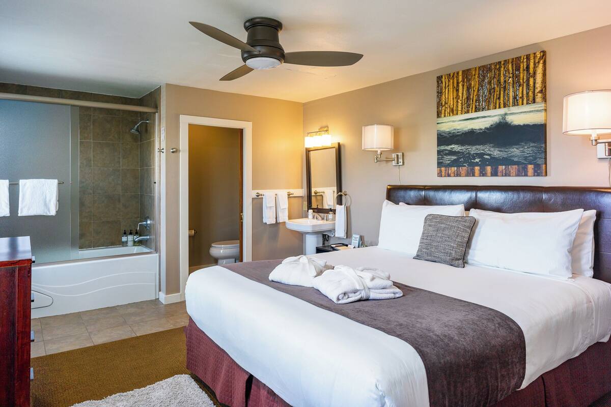 Habitación de hotel con una cama grande, baño con ducha, tocador y un cuadro en la pared.