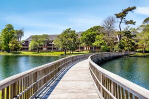 A wooden bridge over a pond with buildings in the background. - Kingston Plantation Condos (Myrtle Beach)