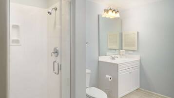 Une salle de bain avec une douche à parois de verre, des toilettes et un meuble-lavabo avec un miroir et un luminaire.