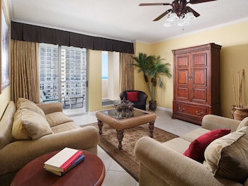 A coastal cityscape with high-rise hotels, beachfront, and a view of the ocean. at Kingston Plantation Condos