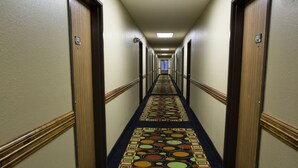 Pasillo de hotel con puertas numeradas 202 y 203, cubierto con un patrón geométrico de alfombra.